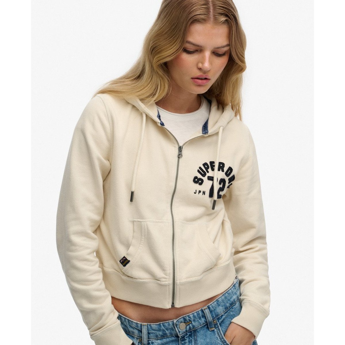 Sweat à capuche zippé court Athletic coupe décontractée crème tourterelle, SUPERDRY