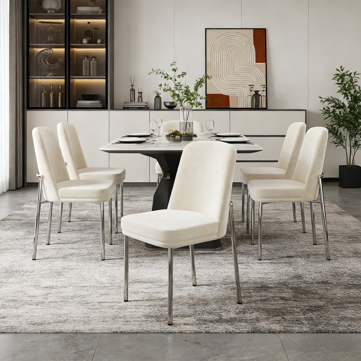 Lot de 6 chaises de salle à manger en velours avec pieds métal, DUORAUC beige, MEUBLES COSY