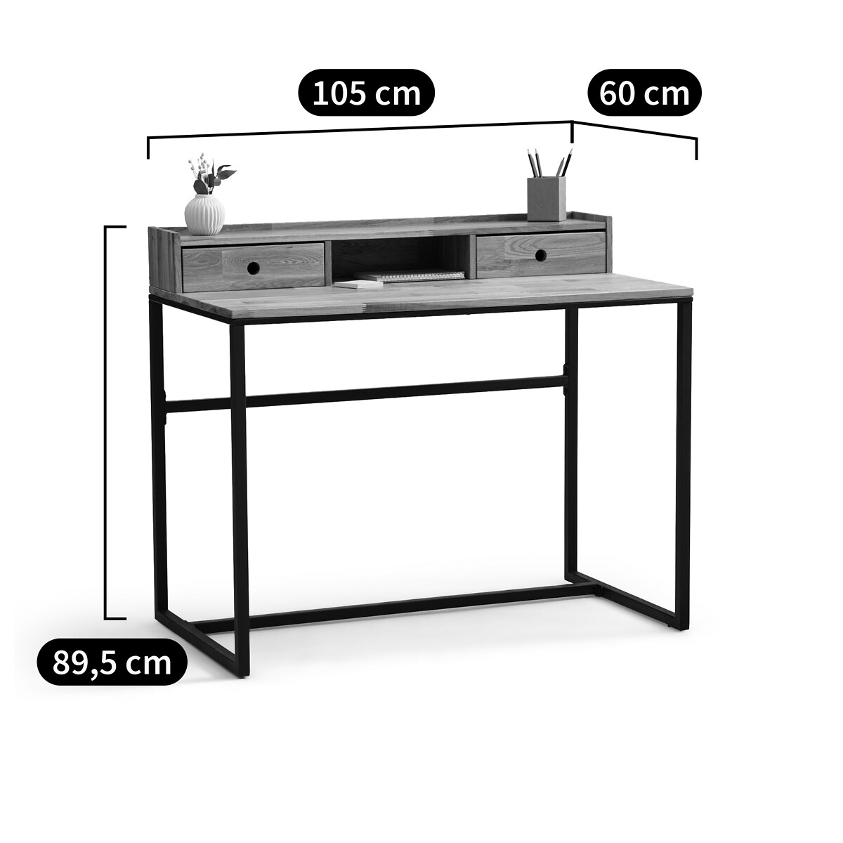 Bureau chêne et plaqué, avec petite réhausse, Hiba chêne/noir, LA REDOUTE INTERIEURS