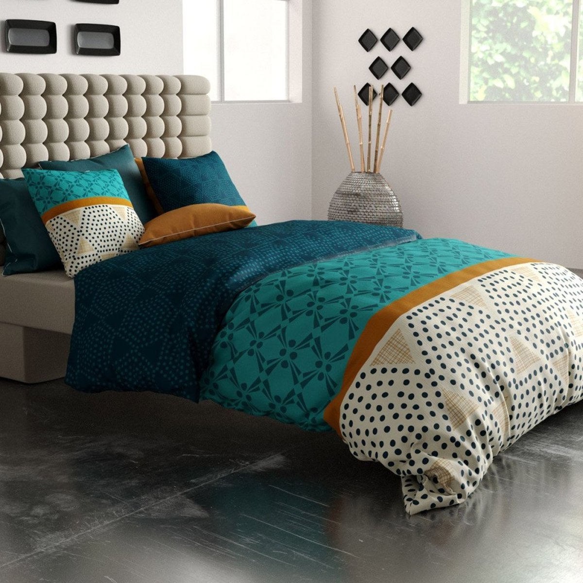 Housse de couette 260x240 + 2 taies coton 57 fils bleu, DECORATIE