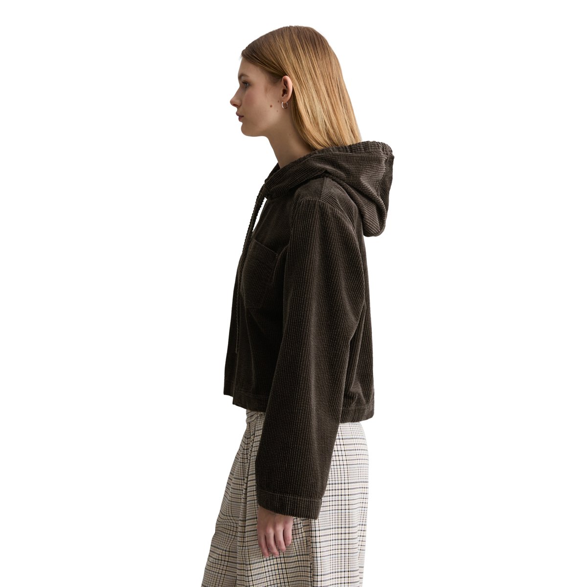 Blouse à capuche en velours côtelé relaxed avec une structure en bulle décontractée marron foncé, MARC O’POLO DENIM