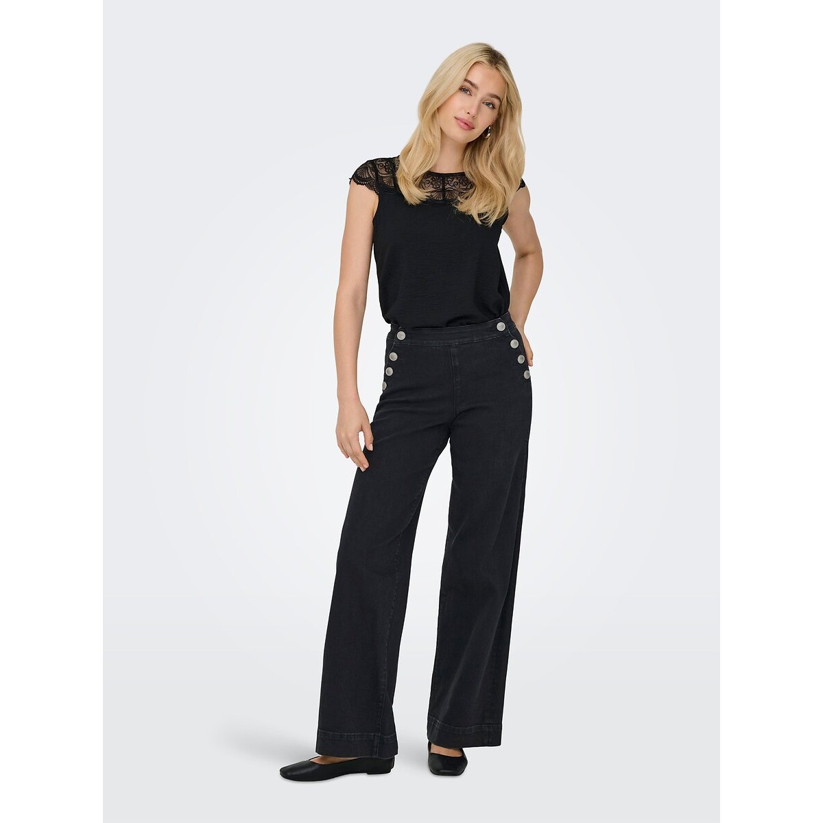High Waist Wide Leg Jeans with Side Buttons black denim, ONLY
