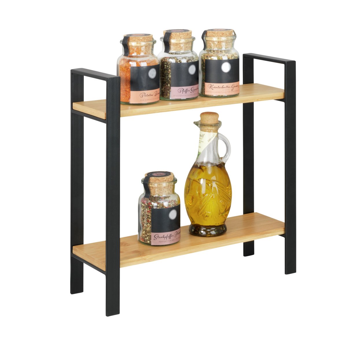 Etagère à épices, 2 niveaux LOU noir et bois, WENKO