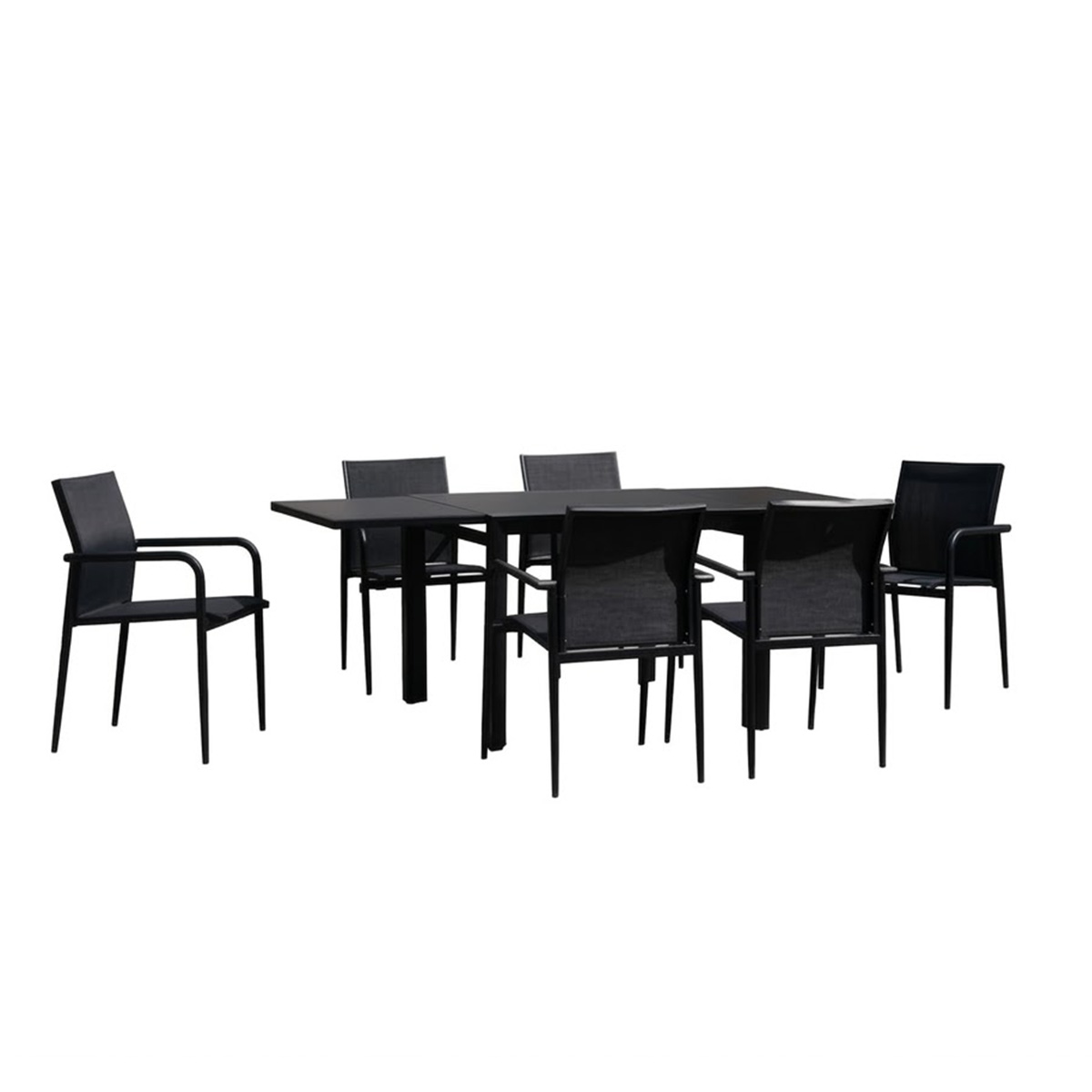 Ensemble 4/8p alu, verre, 6 fauteuils MODULO noir, WILSA GARDEN