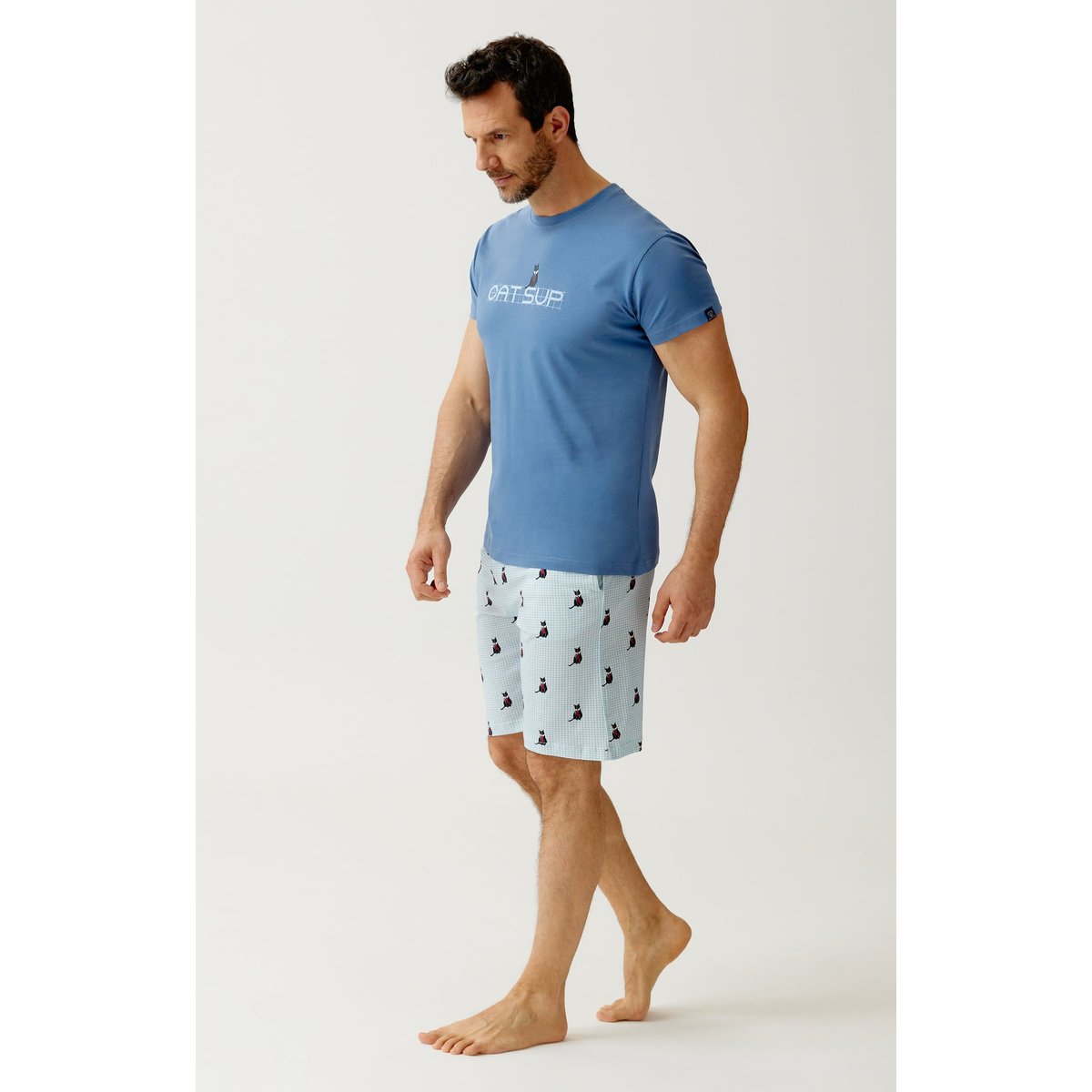 Pyjashort en jersey de coton léger imprimé Cat sup ciel, ARTHUR