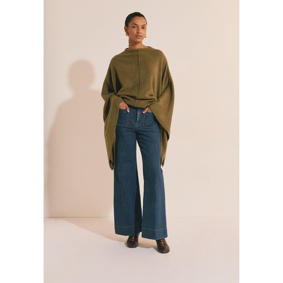 Pull poncho uni A PONCHO vert, ETAM