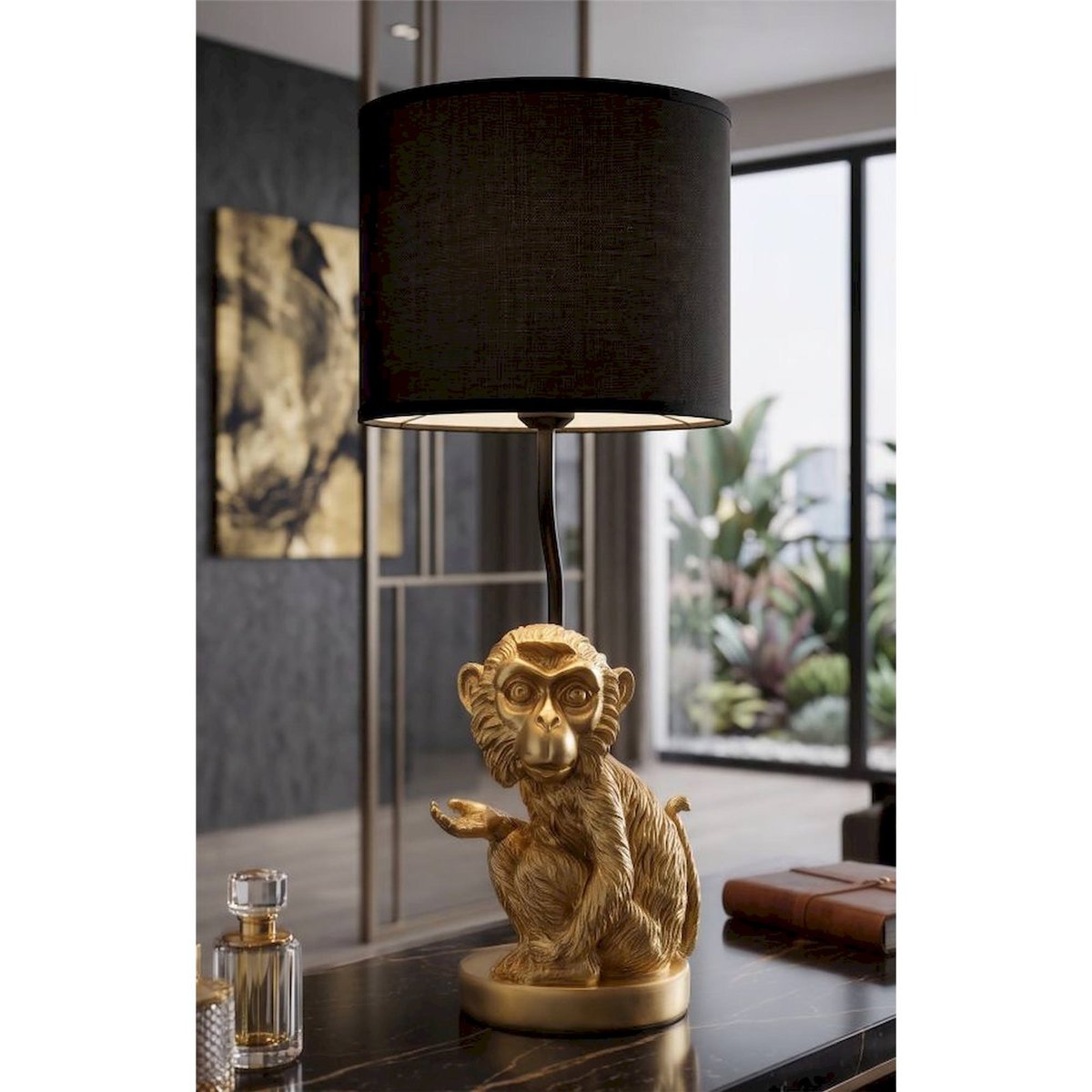 Lampe à poser singe abat-jour tissu en fer GLAM doré et noir, RECOLLECTION