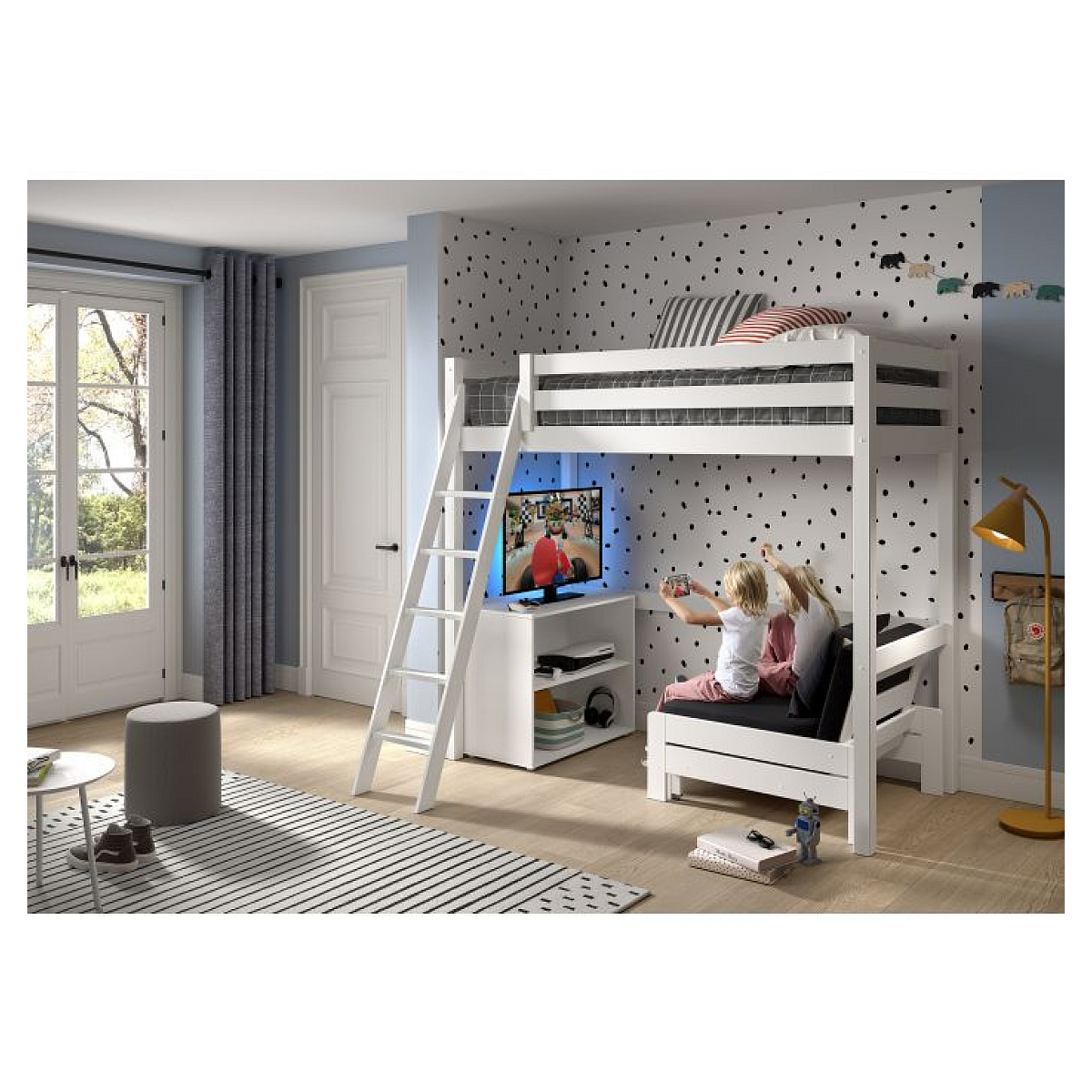 Lit haut avec fauteuil et bibliothèque blanc couleur unique, VIPACK