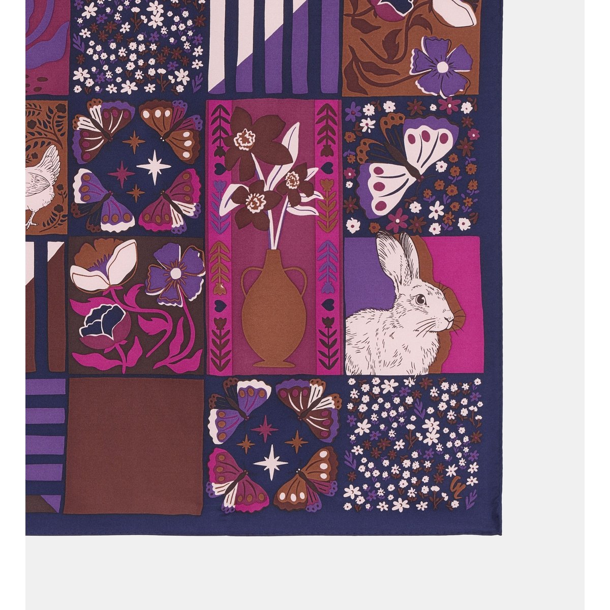 Carré de soie loreta à motifs fleurs et animaux violet, GALERIES LAFAYETTE