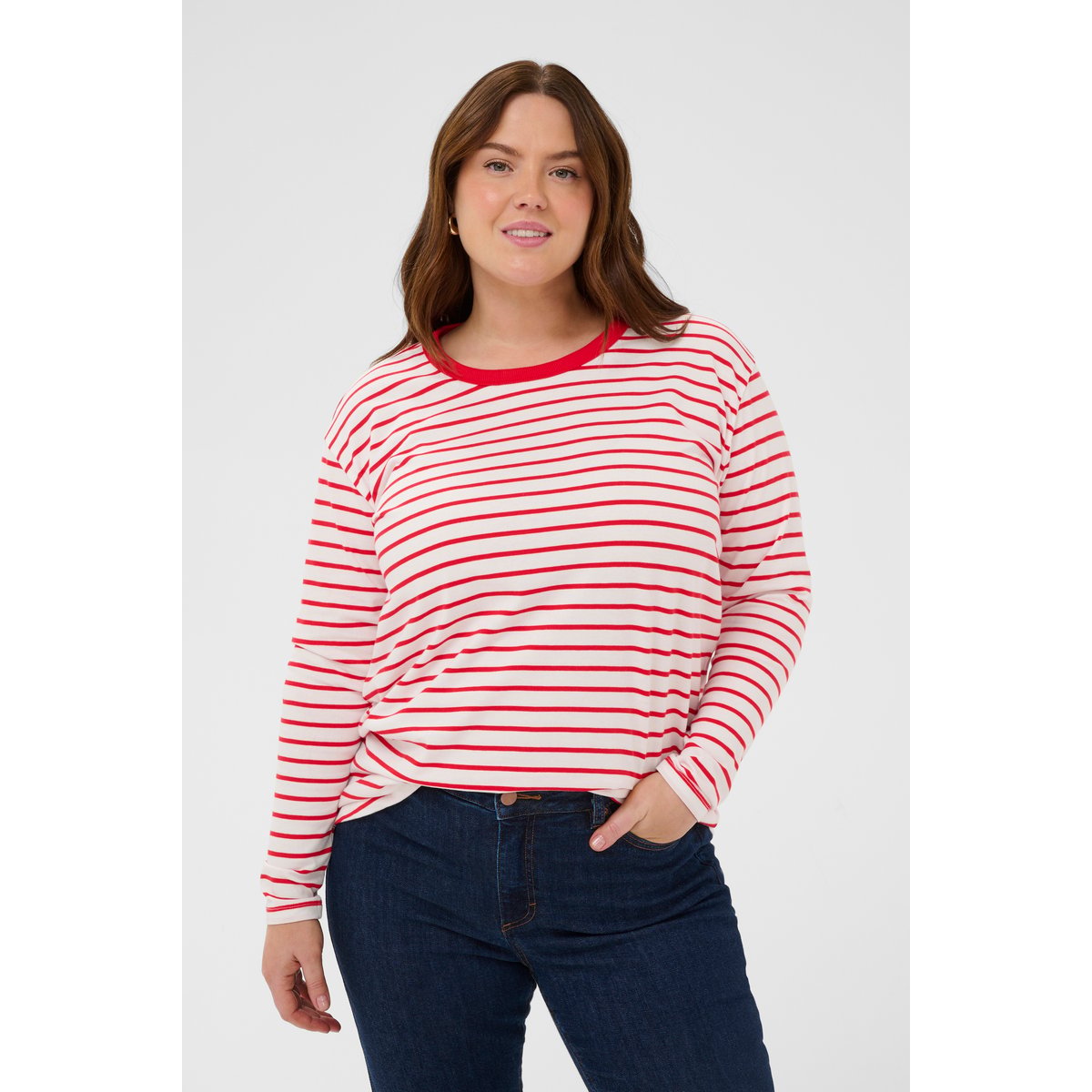 T-shirt à manches longues chalk w. red stripes, KAFFE CURVE