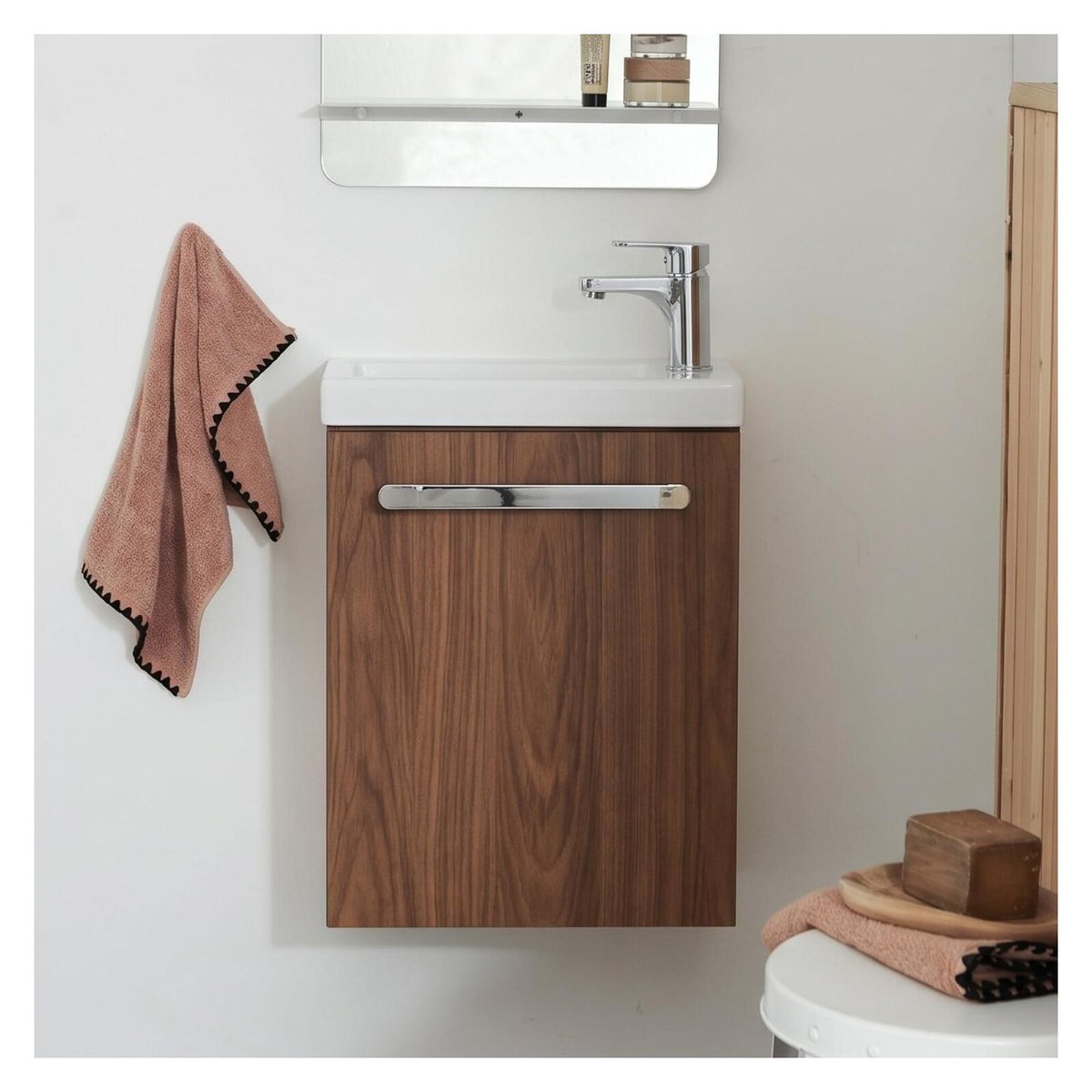 Meuble lave-mains suspendu avec poignée porte serviette NEVADA décor noyer, MOB IN