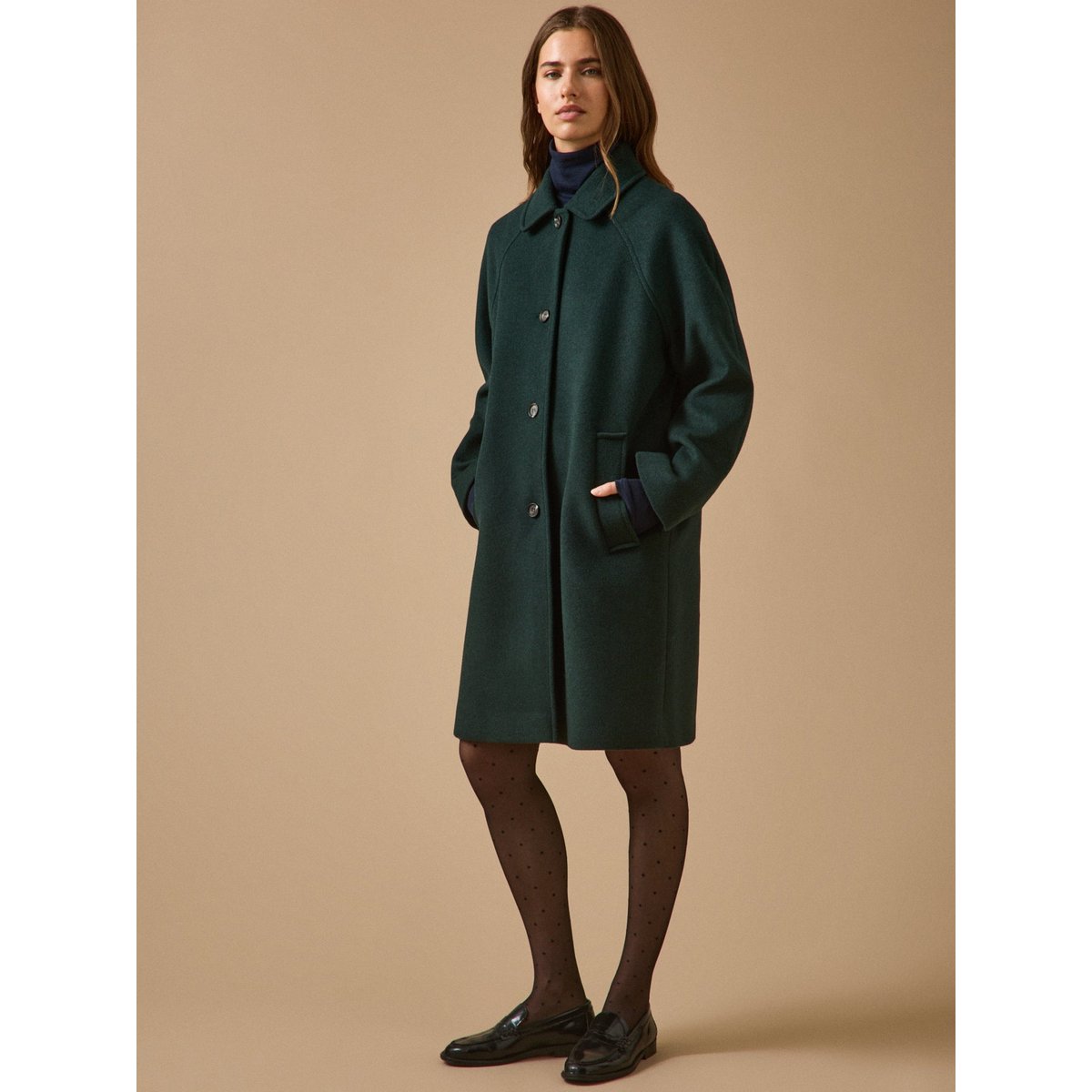 Manteau mi-long lainage uni vert fonce, CYRILLUS