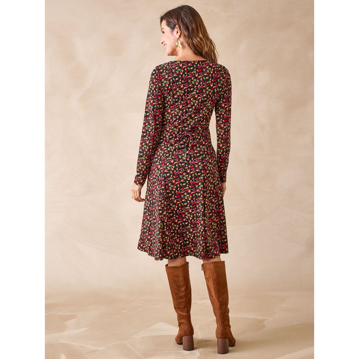 Robe fluide manches longues imprimé fond noir, DAXON