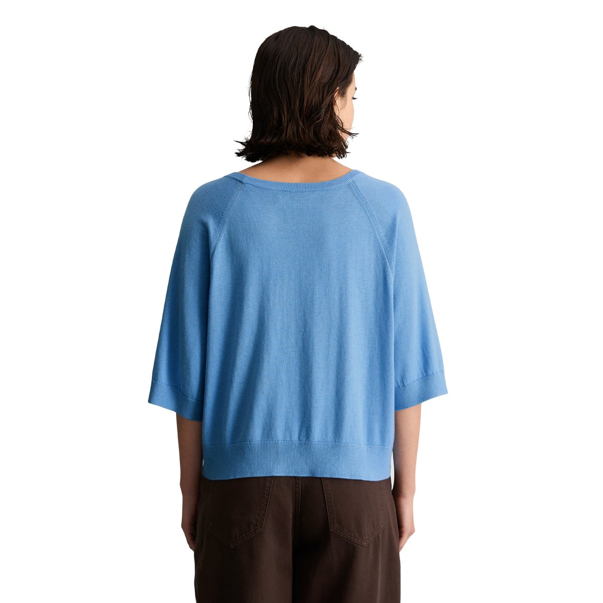 Pull à manches courtes relaxed en doux mélange de coton organique et de modal bleu moyen, MARC O’POLO DENIM