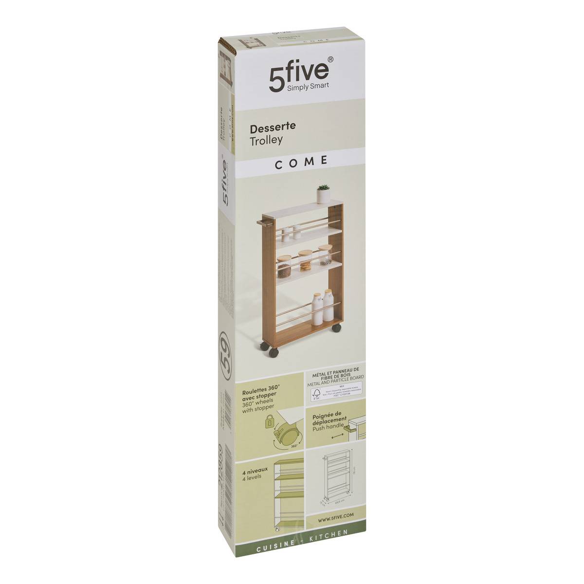 Desserte étroite 4 niveaux effet marbre COME marron, 5FIVE SIMPLY SMART