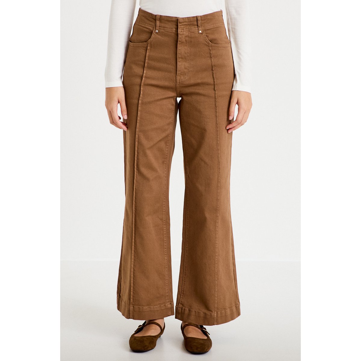 Pantalon bootcut taille basse en jean marron, CACHE CACHE