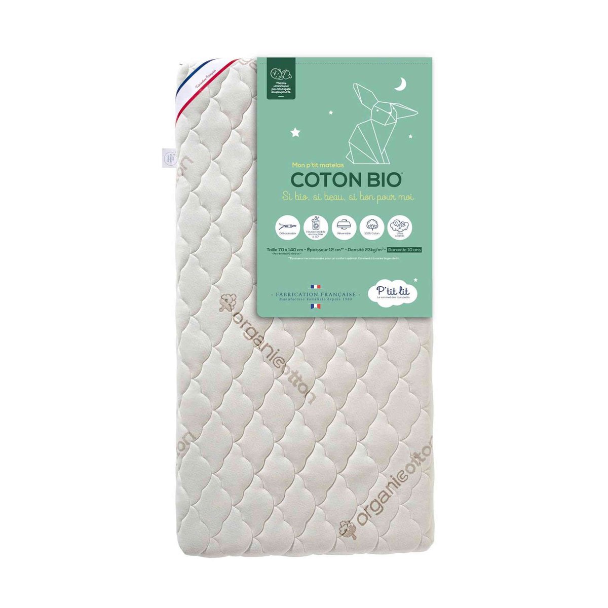 Matelas déhoussable coton Bio, 12cm ecru, P'TIT LIT