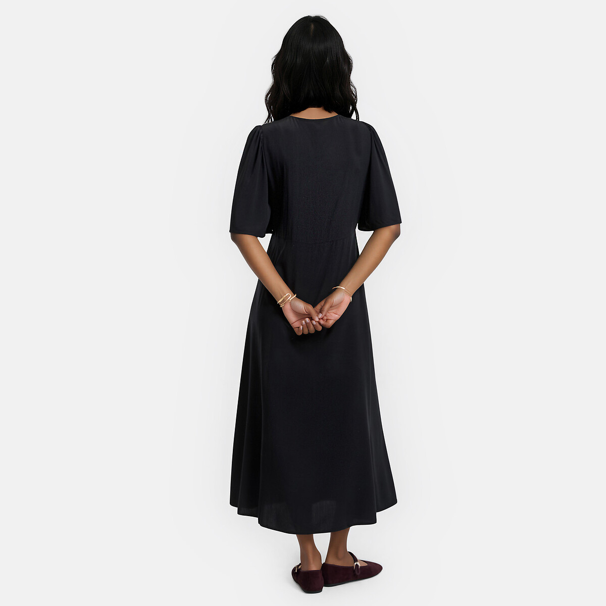 Short Butterfly Sleeve V-Neck Maxi Dress black, LA REDOUTE COLLECTIONS