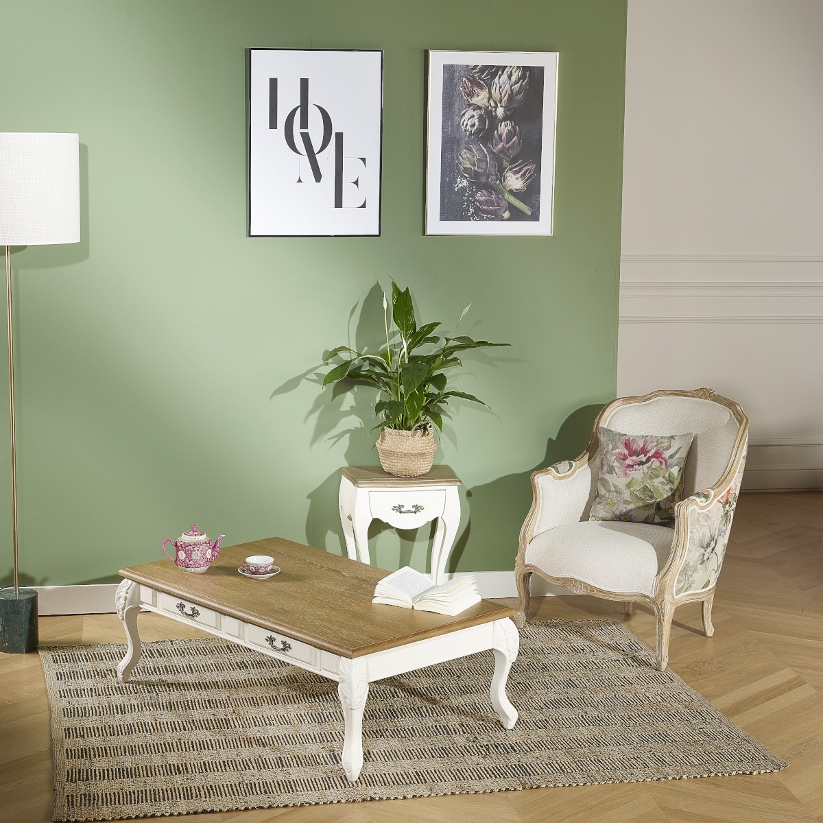 Table basse rectangulaire style shabby chic, plateau en chêne MARIANNE blanc, ROBIN DES BOIS