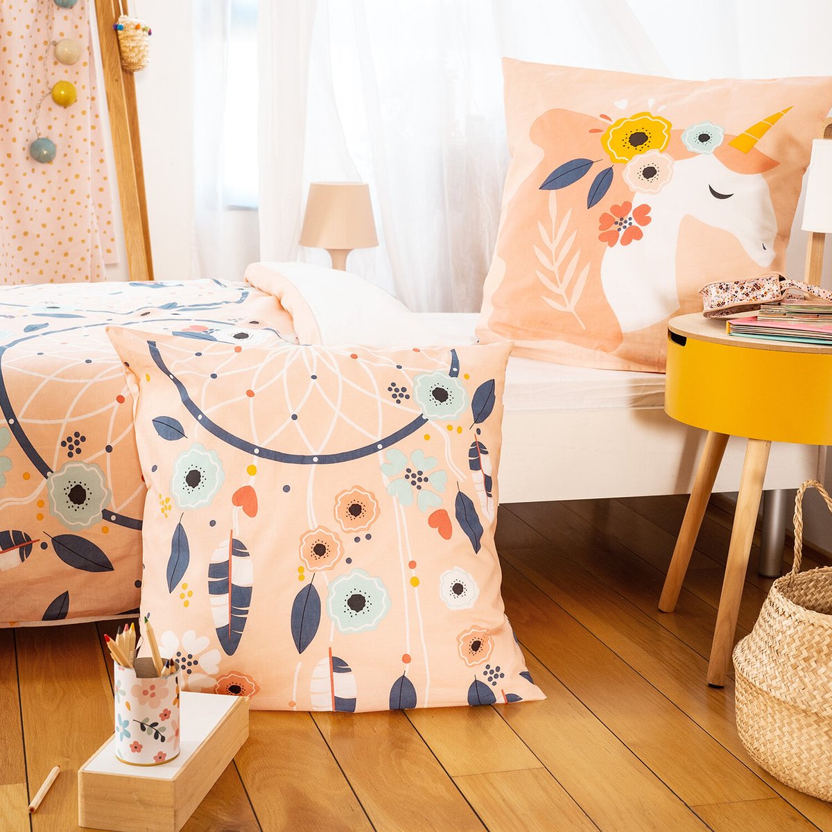 Parure de lit enfant coton, PRUNELLIA rose, C DESIGN HOME TEXTILE