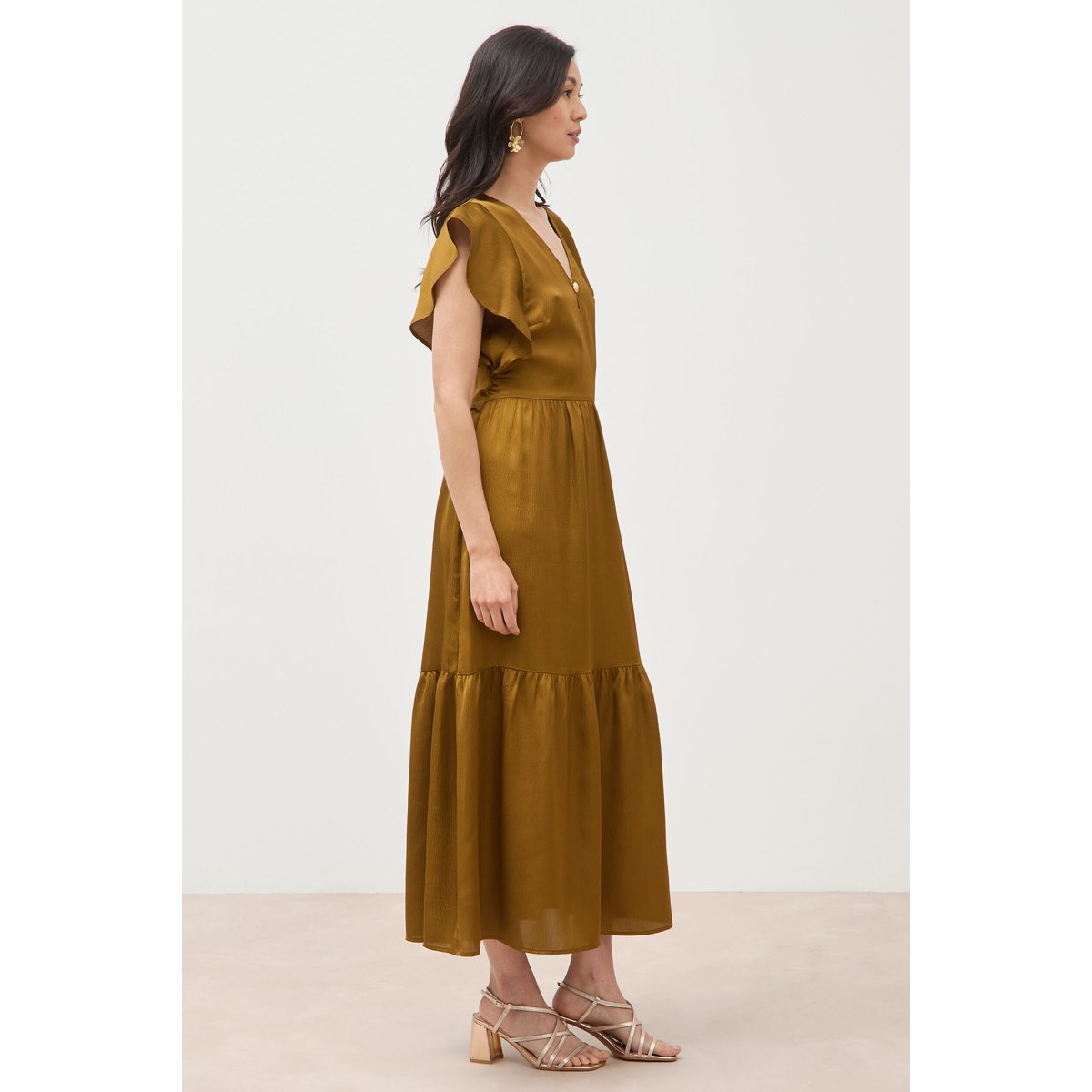 Robe fluide col v manches courtes vert fonce, BONOBO