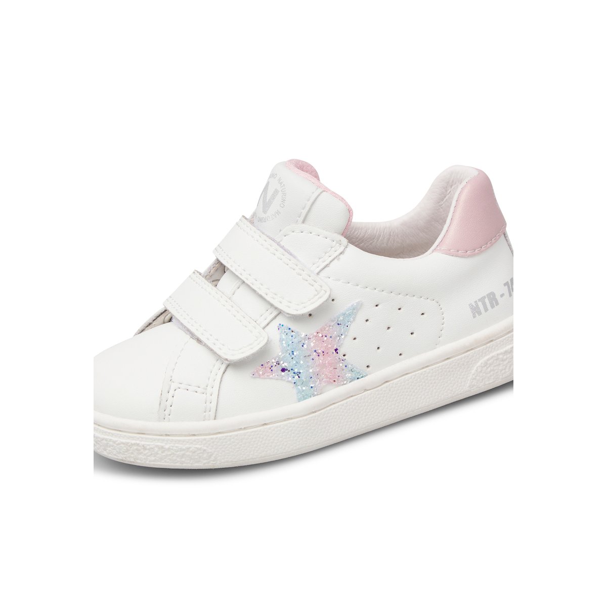 Sneakers en cuir et tissu pailleté PINN VL. blanc-rose, NATURINO