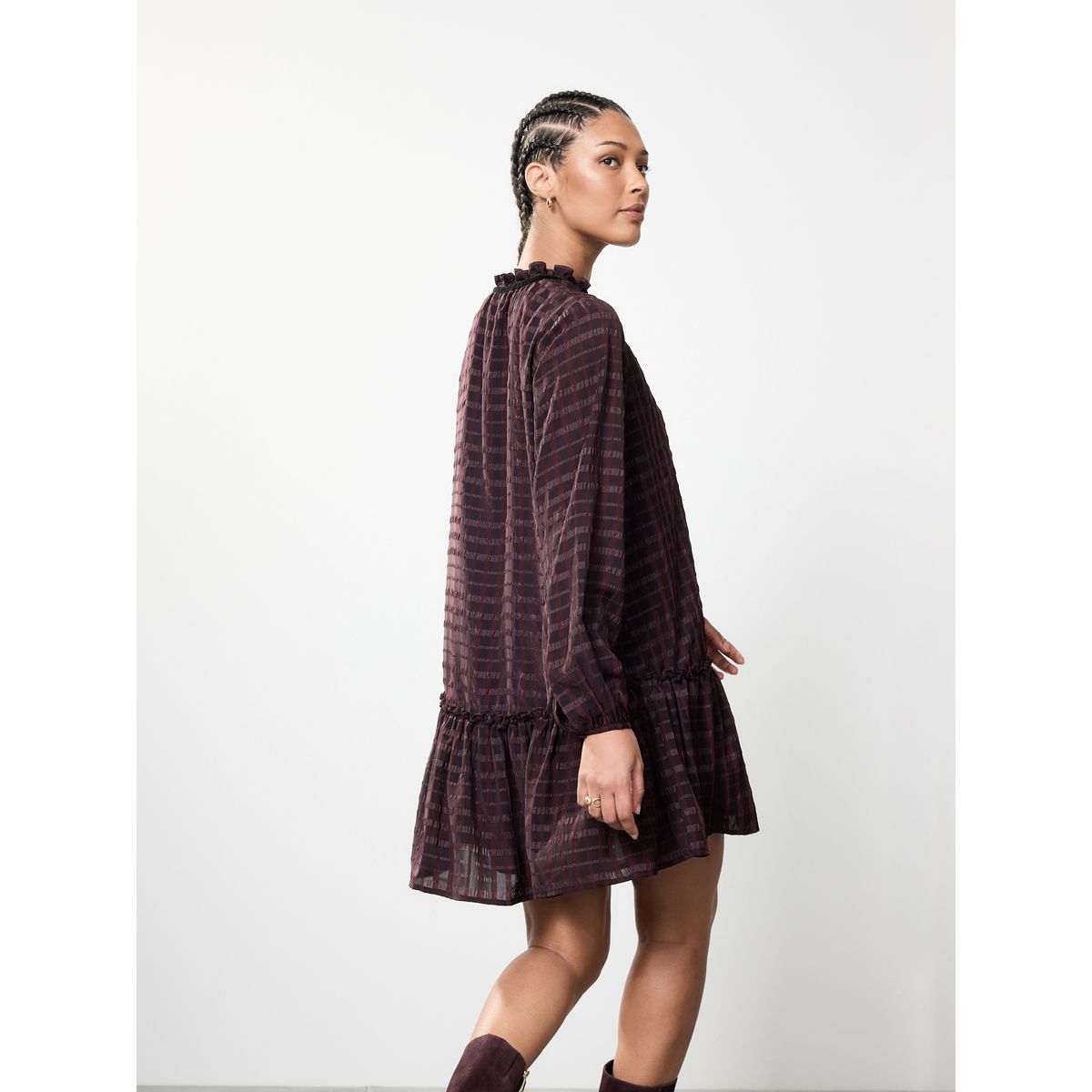 Robe courte à manches longues avec volants bordeaux check, NEXT