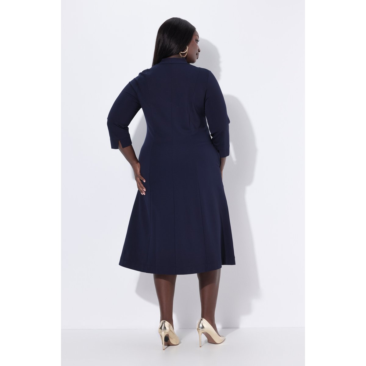 Robe midi point de Rome, manches 3/4 marine foncé, ULLA POPKEN
