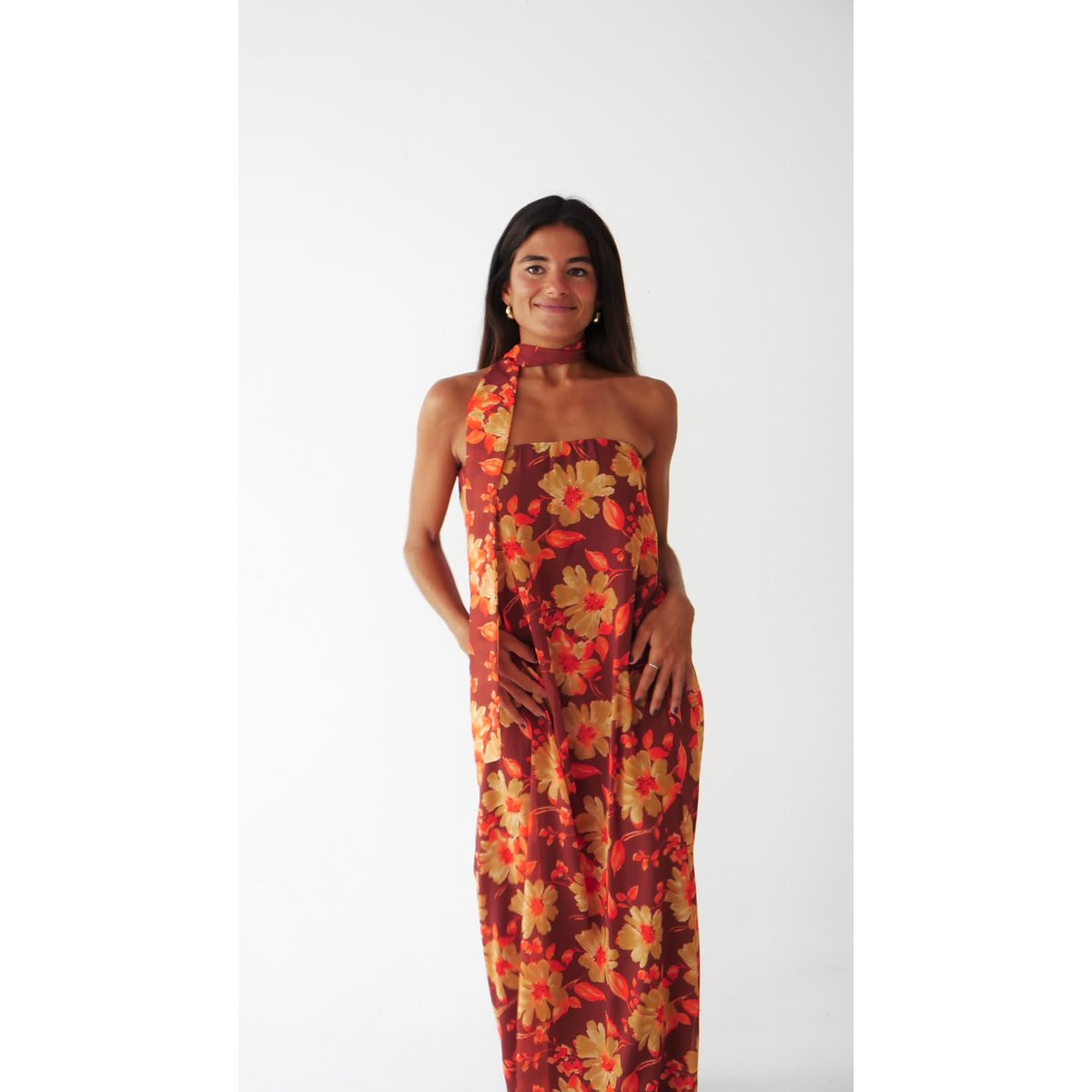 Robe longue bustier fleurie SARA marron / orange, MINDTRAVELER