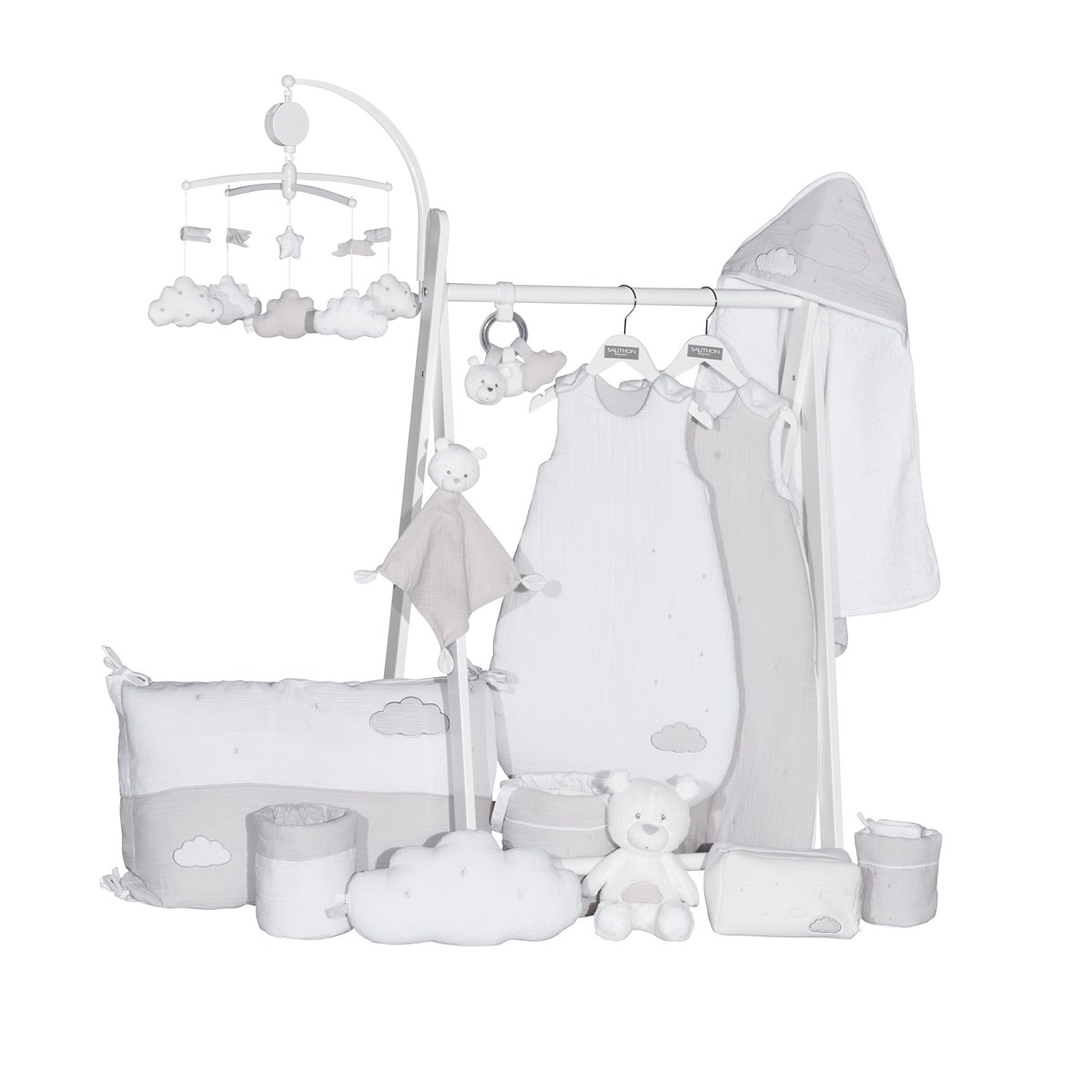 Mobile musical en velours blanc/gris, SAUTHON