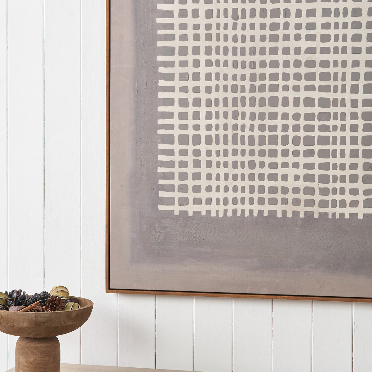 100x120cm Brown and Natural Grid Design Canvas with Oak Effect Frame brown              , ÉDITÉ