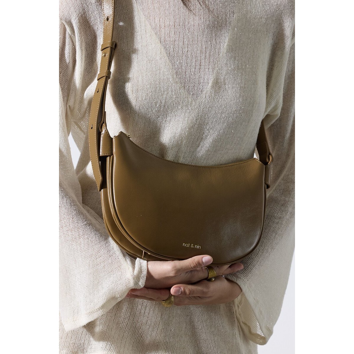 Sac porté épaule en cuir LUNE tabac, NAT & NIN