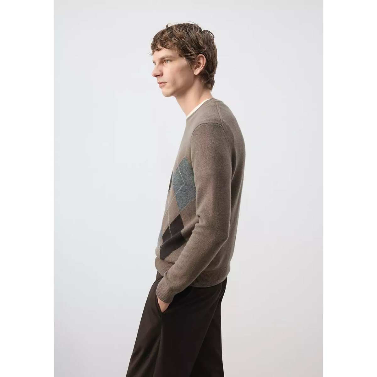 Pull-over maille laine mélangée marron moyen, MANGO MAN