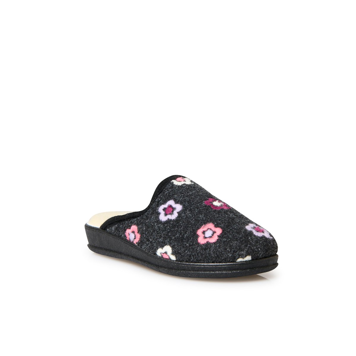 Mules fourrées laine gris foncé / fleurs brodées, PEDICONFORT