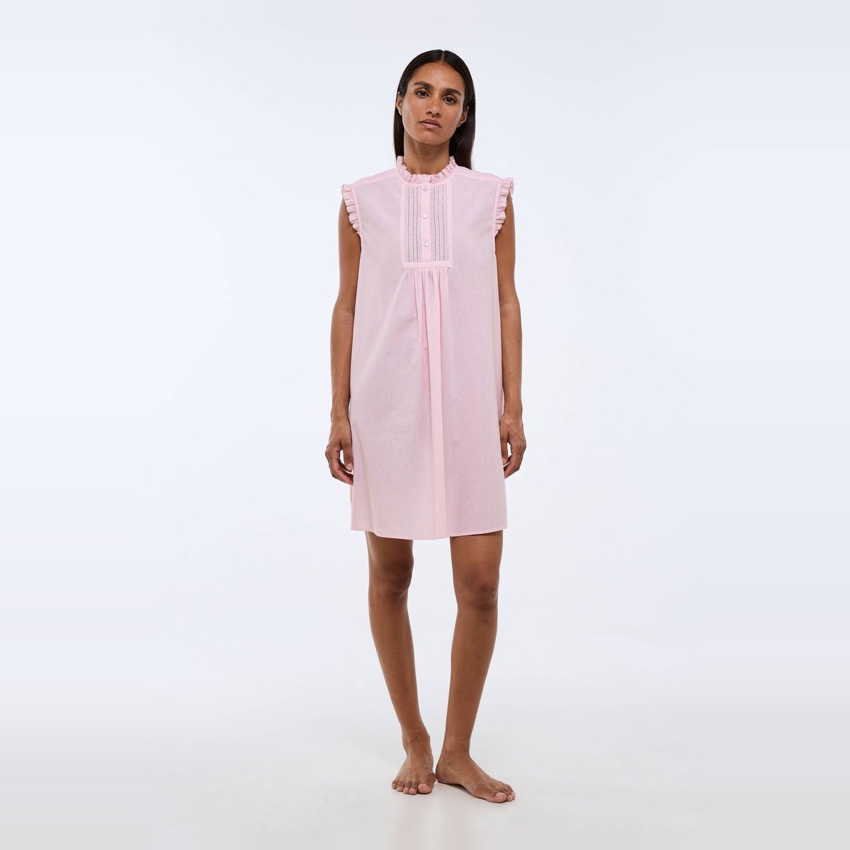 Chemise de nuit vichy sans manches avec détail plastron en coton BIO GOTS blanc, MONOPRIX