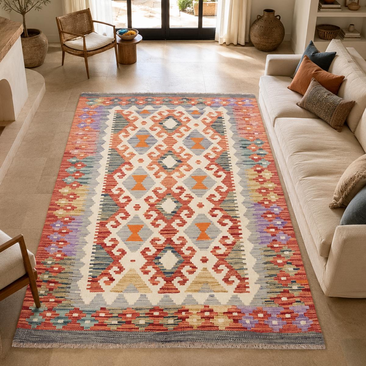Tapis kilim ethnique au motif tribal, tissé plat en laine, KILIM 23 multicolore, orange, rouge, UN AMOUR DE TAPIS