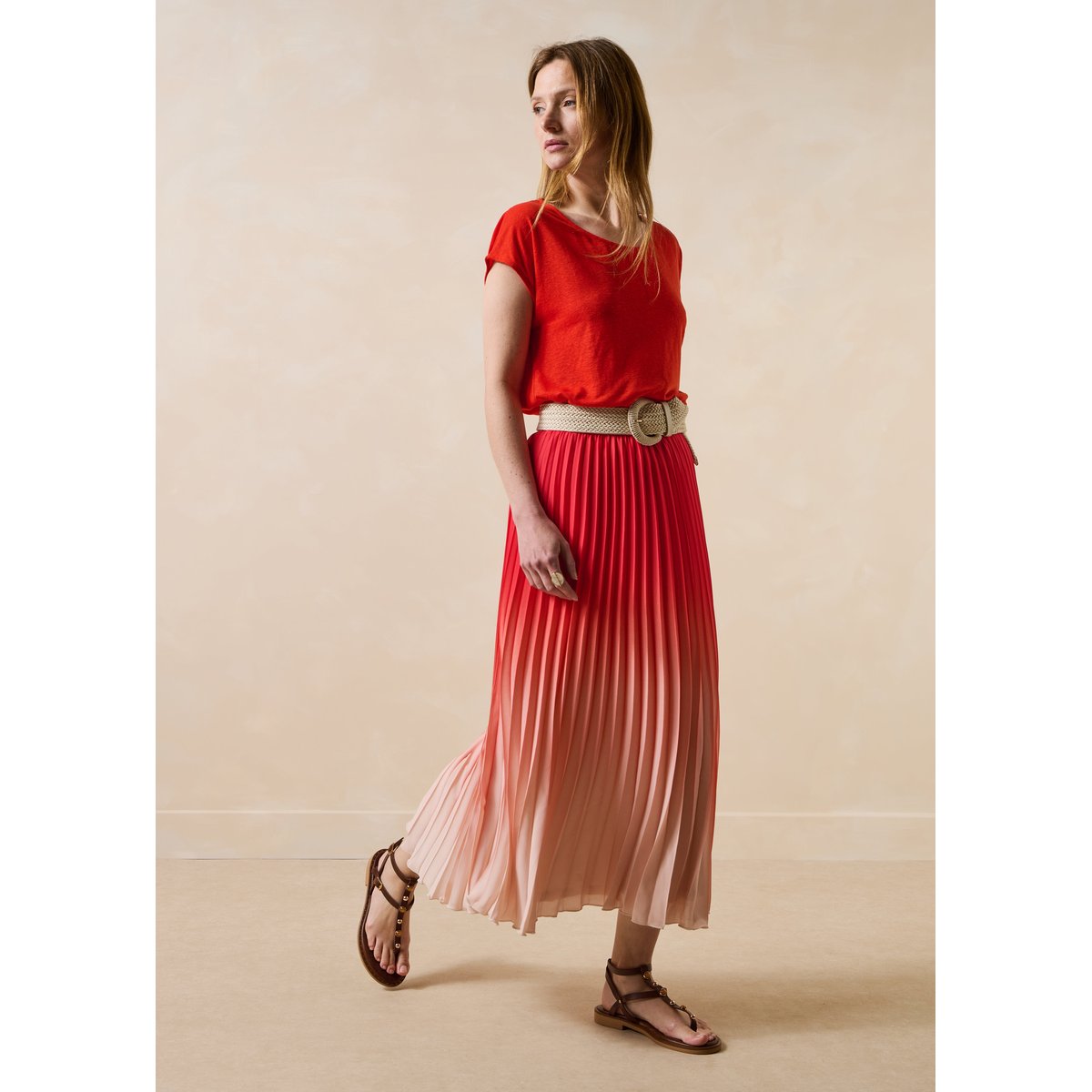 Jupe longue plissée à imprimé tie & dye paprika, LA FEE MARABOUTEE