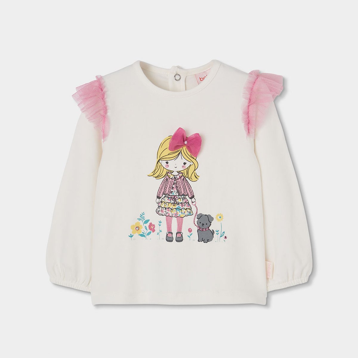 T-shirt en maille fille imprimé poupée avec tulle blanc, BOBOLI