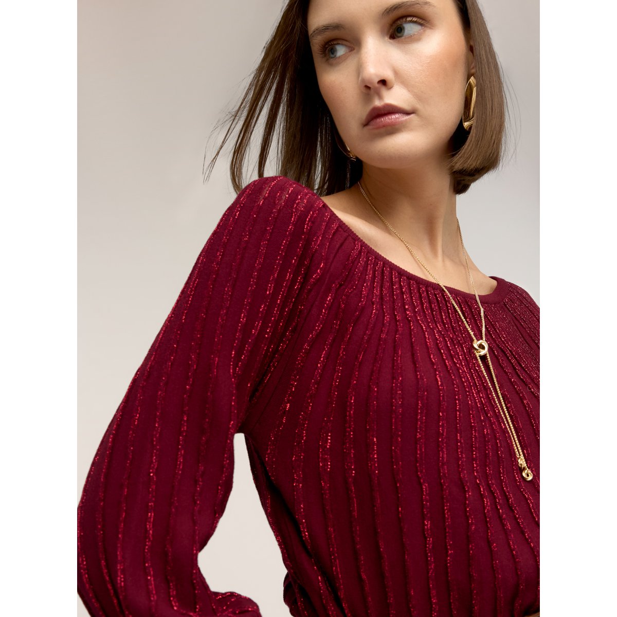 Pull à rayures fil textile et manches ballon burgundy, MOTIVI