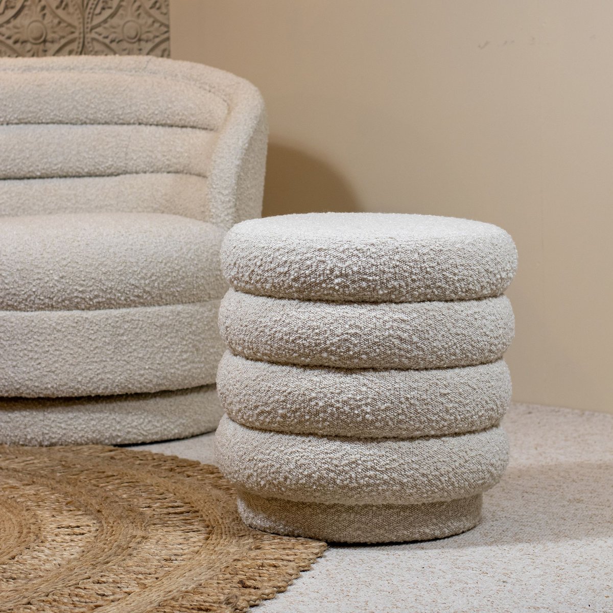 Pouf tissu en bouclette, LINUS beige, NOW'S HOME