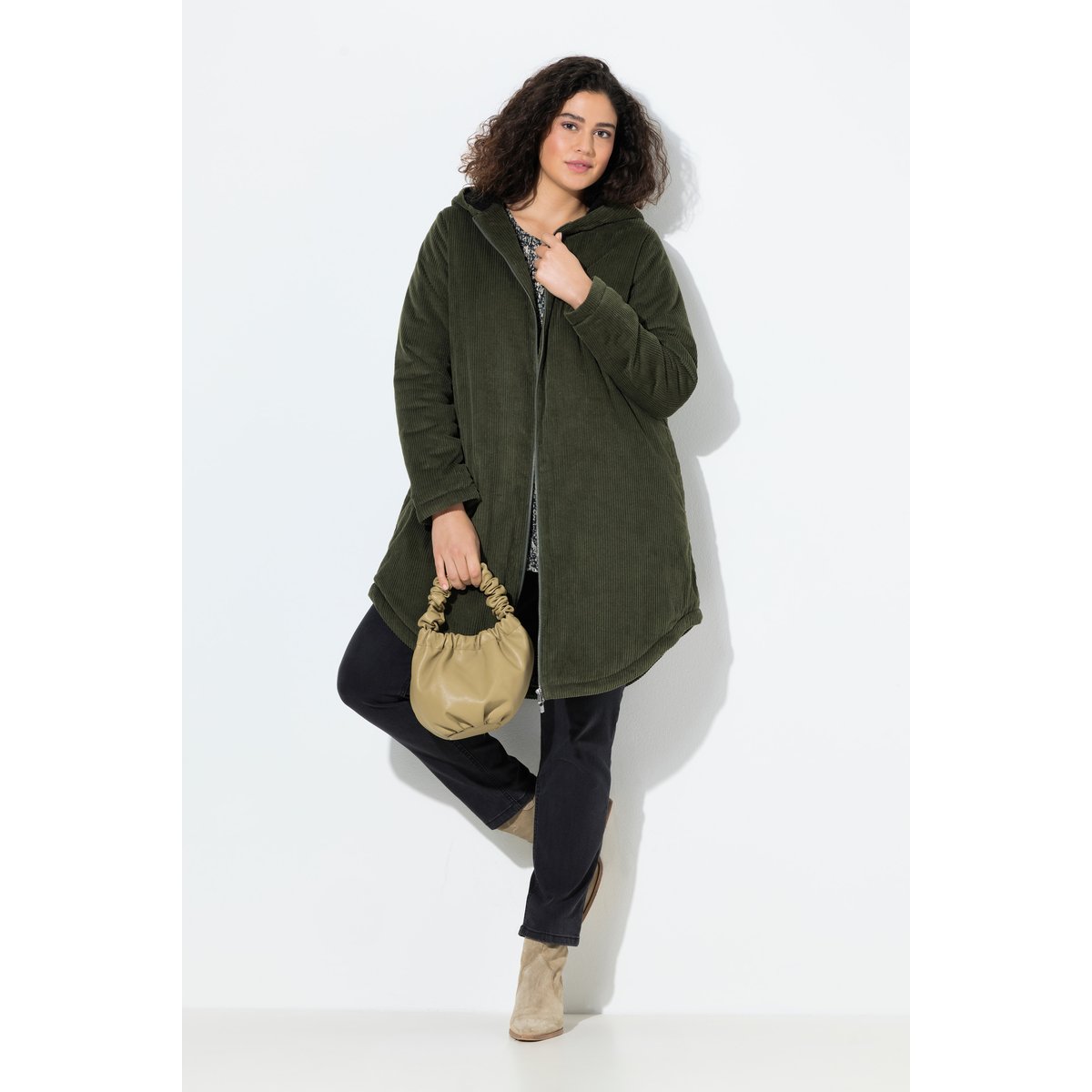 Parka à capuche en velours côtelé vert marais, ULLA POPKEN