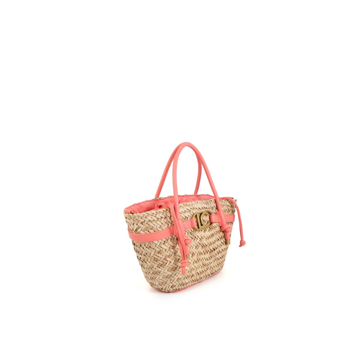 Mini panier tressé avec poignées et détails effet cuir rose, LOLA CASADEMUNT