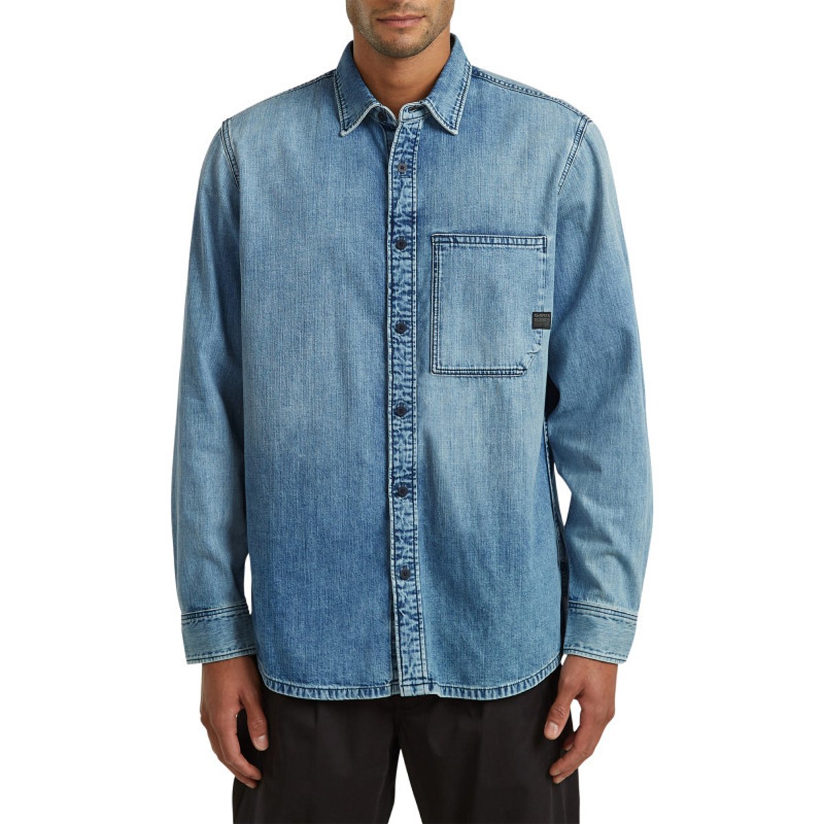 Chemise en jean en coton bleue unie avec une coupe droite et 1 poche bleu, G-Star RAW