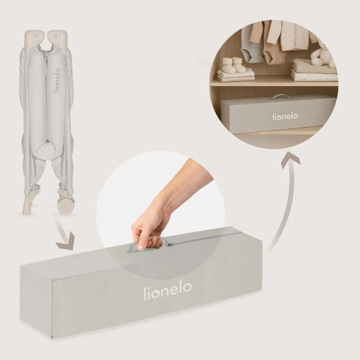 Lit parapluie bébé Amelie compact avec matelas Grey Concrete beige sand, LIONELO