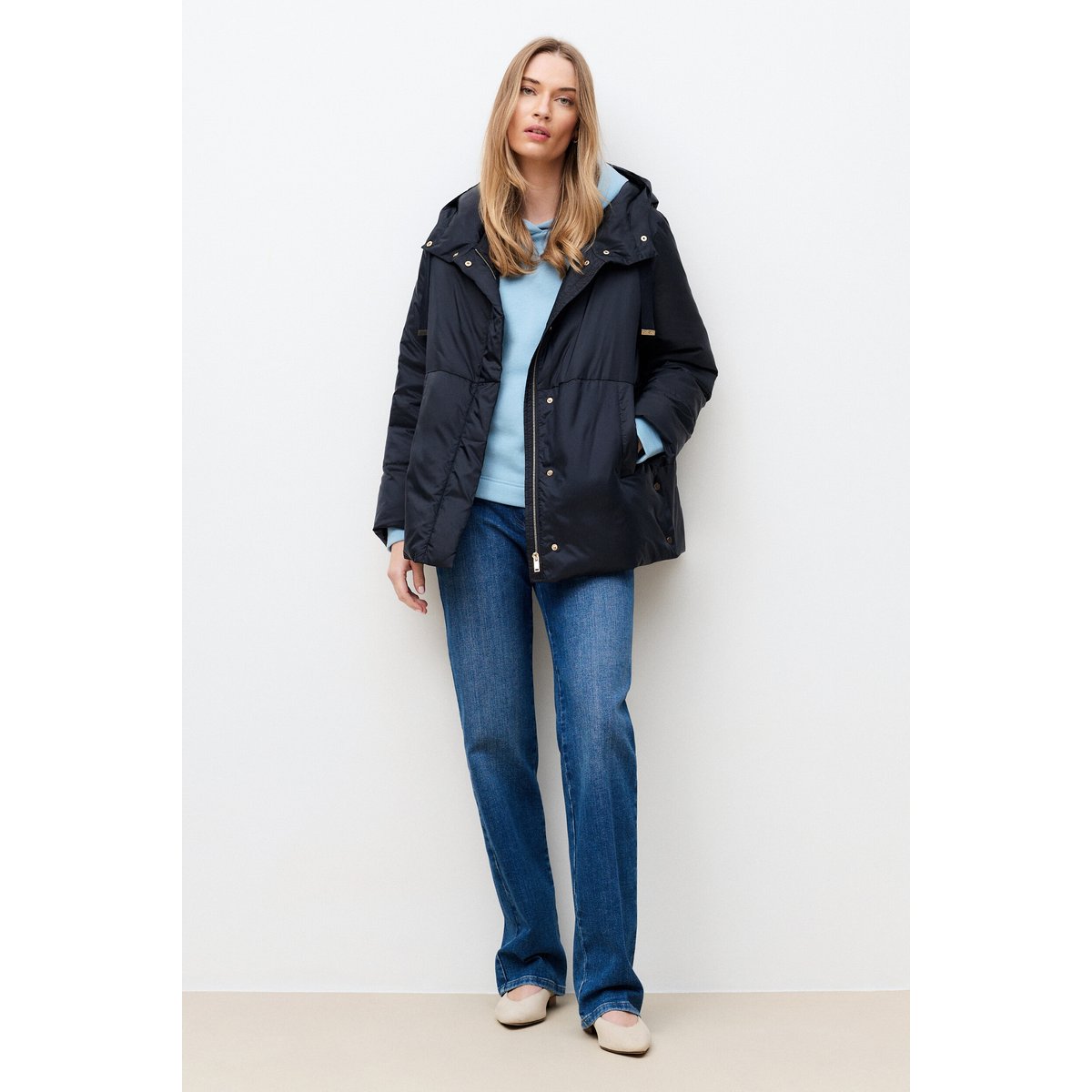 Manteau court droit avec capuche GALIXE bleu marine, CAROLL