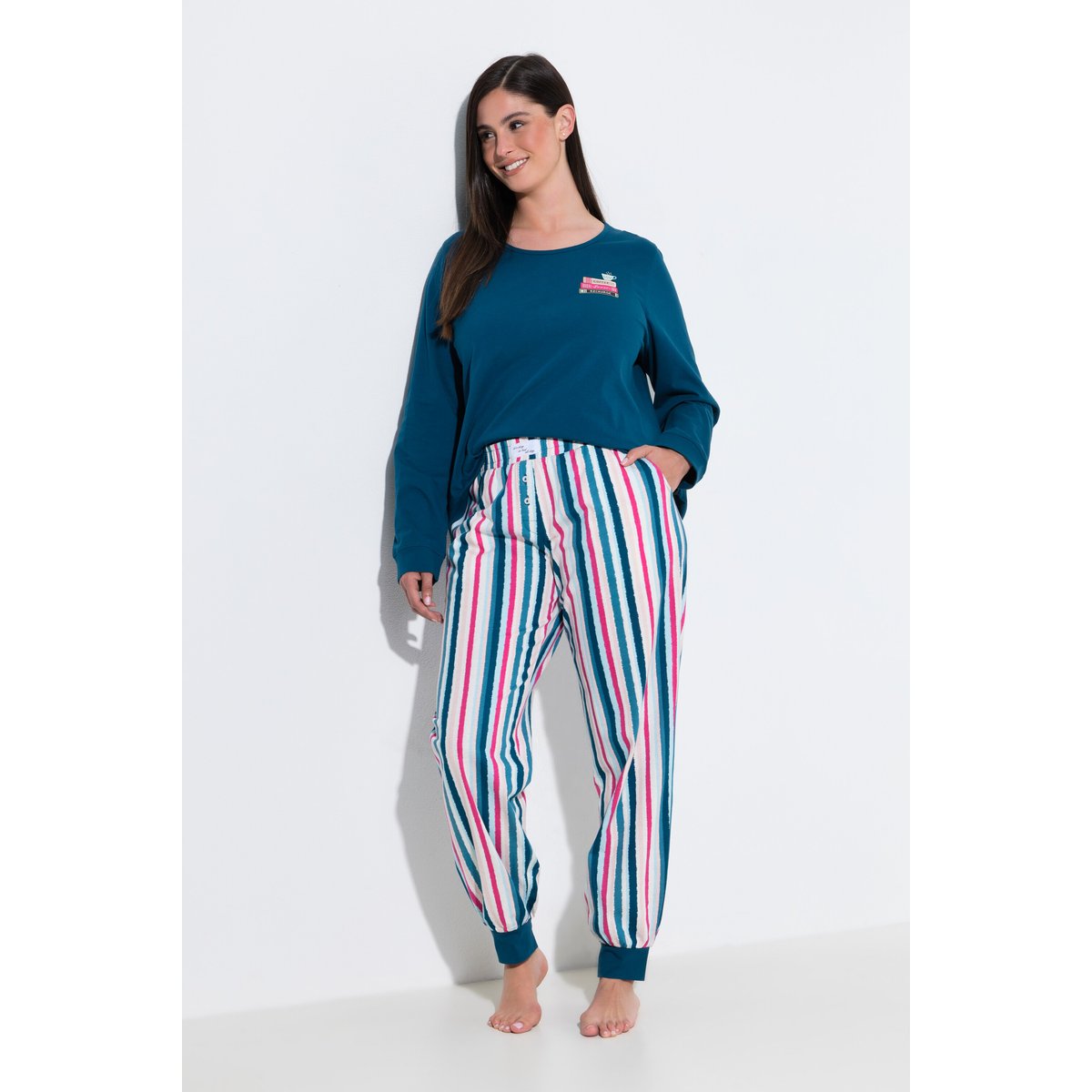 Pyjama décolleté rond et manches longues pétrole foncé, ULLA POPKEN