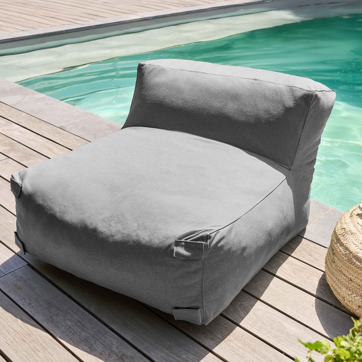 Canapé d'angle fixe modulable avec 2 chauffeuses, 2 angles et 1 pouf, MIXI gris, OVIALA