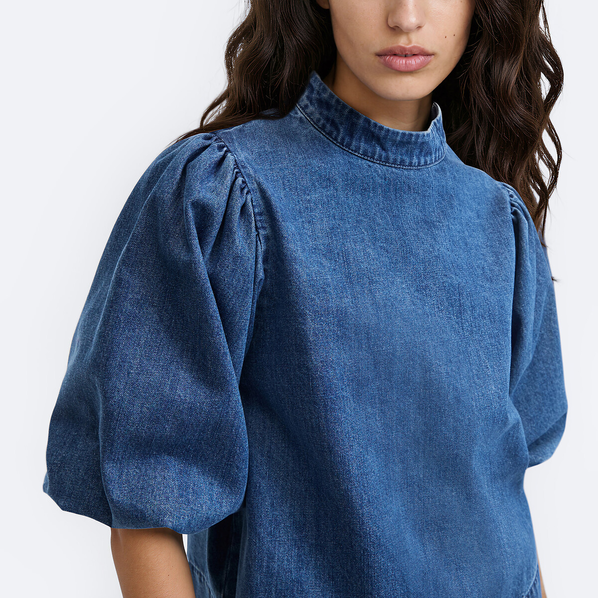 Camicetta in denim con maniche corte a palloncino blu stone, LA REDOUTE COLLECTIONS