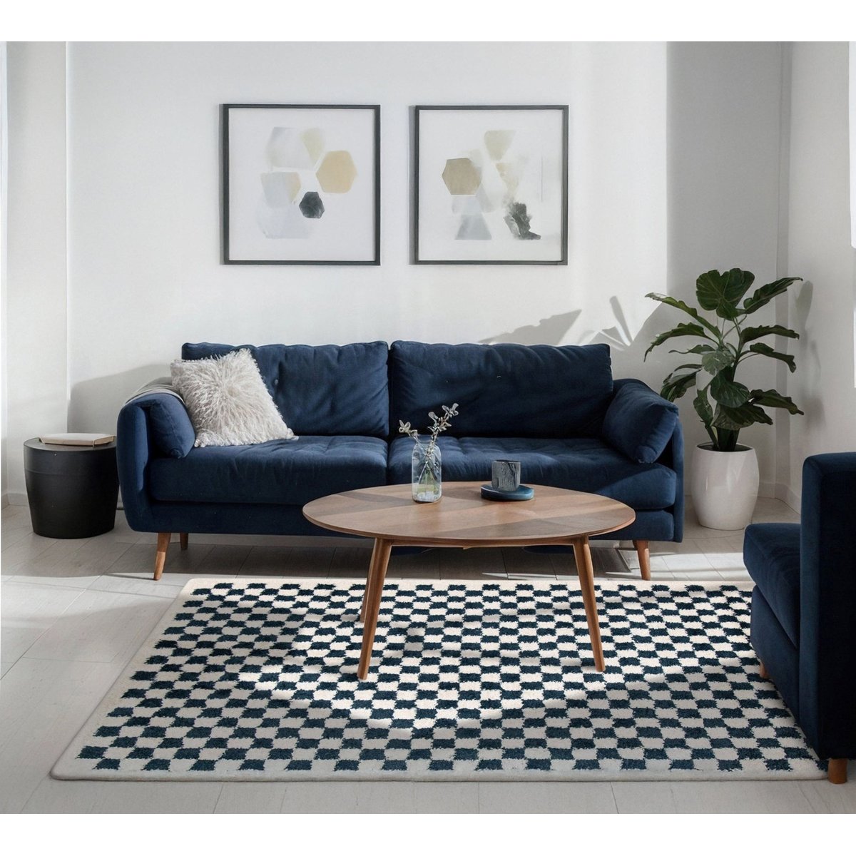 Tapis damier poils longs doux et volumineux CHECKERS bleu naturel, AFK LIVING