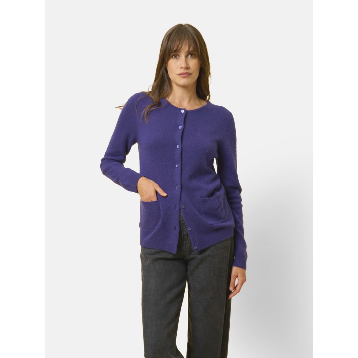 Cardigan Col Rond Purple Katharine violet foncé, JUST CASHMERE